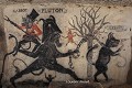 Pluton retient par une chaîne Cerbère qui garde l'entrée du Fons de la Gaité  (Touraine, France). Art 
 Art des carrières 
 Cerbère 
 Pluton 
 Touraine 
 carrière souterraine 
 graffiti 